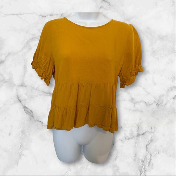 Paper Crane Mustrad Short Sleeves Top Gathered at Bottom.  S - Picture 1 of 9